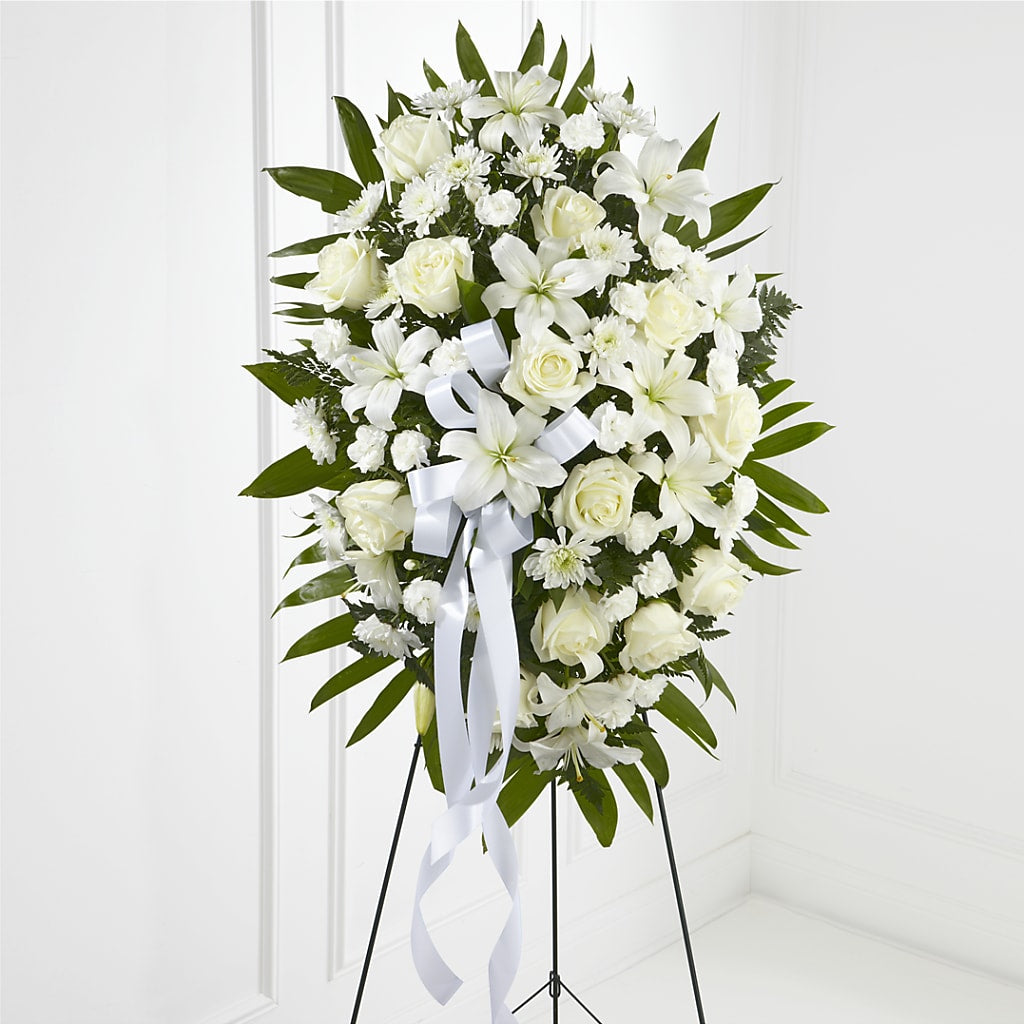 Exquisite Tribute Standing Spray-White Ribbon – THE MOST BLOOMS & MORE, Grand Bay AL